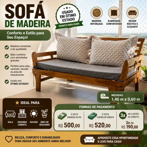 Sofá de Madeira com Almofadas - 1,40 m - Usado em ótimo estado