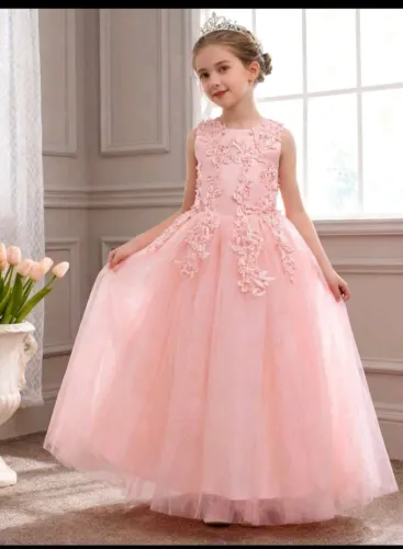 Vestido longo infantil festa bordado em pérola Rosa 