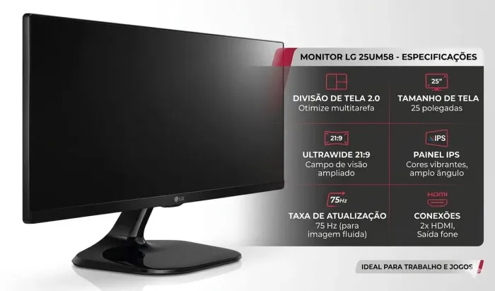 Monitor LG 25' Ultrawide IPS Full HD - Perfeito Estado (Gamer / Home Office)
