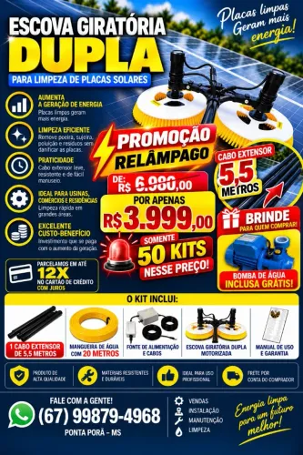 Escova Giratória Dupla Para Limpeza De Placas Solares Cabo Extensor 5.5 Metros
