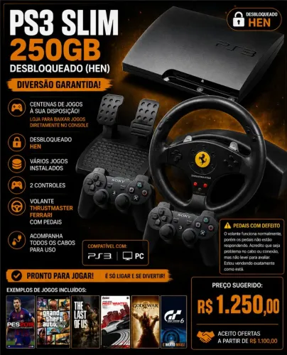PS3 250GB HEN + 2 Controles + Volante Thrustmaster