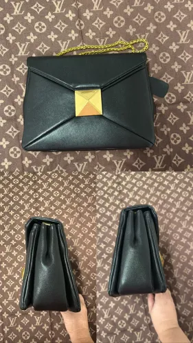 bolsa italiana Valentino rockstud nova couro legítimo preto alça dupla de corrente dourada
