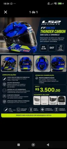 Capacete LS2 Thunder Carbon Gas na cor azul e amarelo