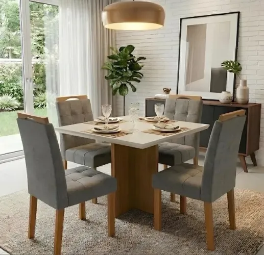 Conjunto de Jantar Compacto 4 Lugares com Vidro Off White e Veludo Grafite