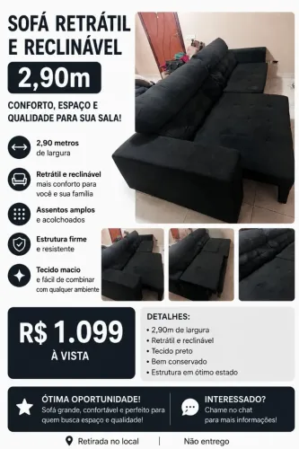 Sofá Retrátil 2,90m Preto em Ótimo Estado