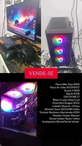 PC GAMER COMPLETO,R5 5600,32GB RAM,B550,RX5700XT,SSDS NVME 1T,WATER COOLER, FONTE 500W.
