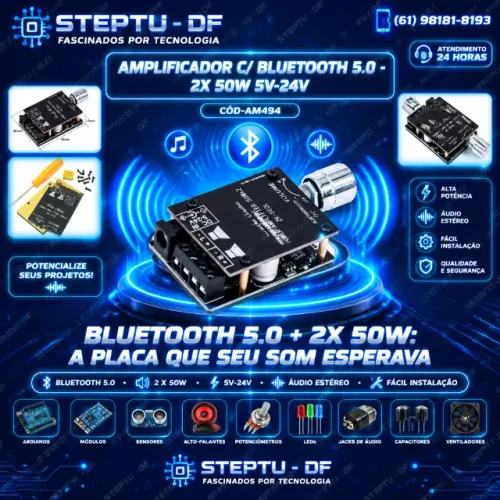 Amplificador C/ Bluetooth 5.0 -2x 50w 5v-24v Arduino Automação COD-AM494 