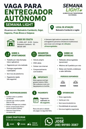 VAGA PARA ENTREGADOR AUTÔNOMO (FREELANCER) - SEMANA LIGHT BC