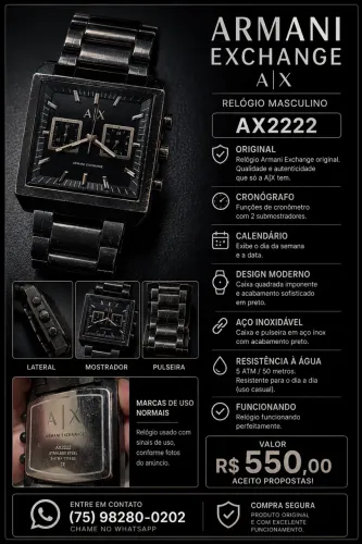 Relógio Armani Exchange AX2222 Original Masculino - Aço Preto