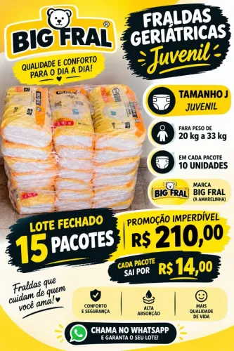 Fraldas geriatricas, tamanho J de 20 a 33 kg lote fechado com quinze pacotes por 210,00