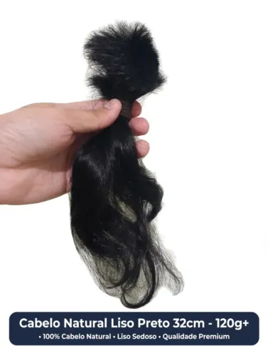 Cabelo Humano Natural Liso Preto 32cm 120g+ Mega Hair