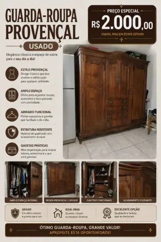Guarda roupa antigo 3 portas em madeira maciça com gaveteiro - Estilo provençal