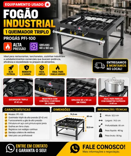 FOGÃO INDUSTRIAL PROGÁS PFI-100 - QUEIMADOR TRIPLO