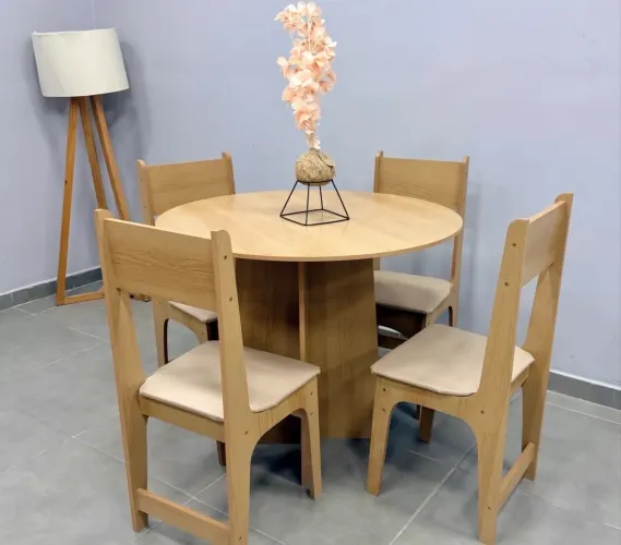 Mesa de Jantar Cindy 90cm Redonda Sem Vidro com 4 Cadeiras Delta em Corino Entrega Rápida