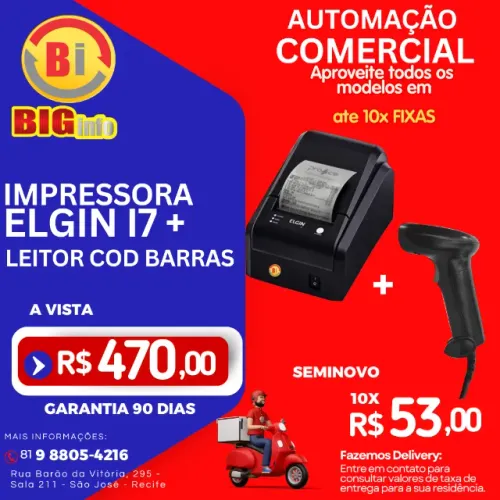 Impressora Termica Elgin i7  + Leitor Cod Barras Bematech Kit Garantia 