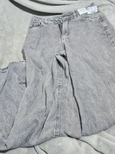 Calca Wide Leg Em Jeans Com Cintura Alta Cinza