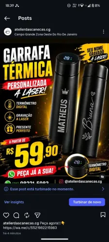 Garrafa térmica com termômetro digital e impressão a laiser 