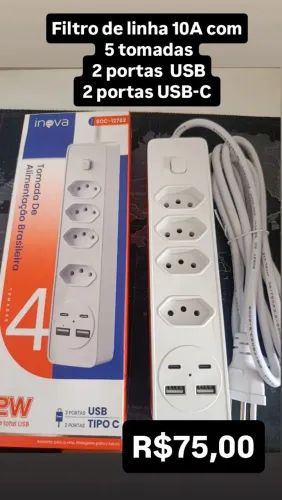 Filtro de linha com 5 tomadas e portas USB e USB-C / MEGA PROMOÇÃO 