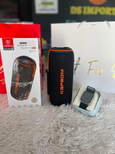 Caixa de som Bluetooth com bateria até 8 horas e relógio Smartwatch