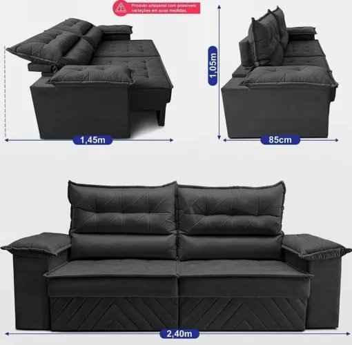 SOFÁ RETRATIL E RECLINAVEL, 2,40M  COM MOLAS