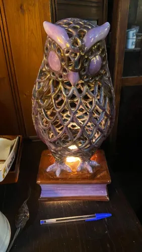 Luminária antiga de coruja em cerâmica esmaltada (ref:315)