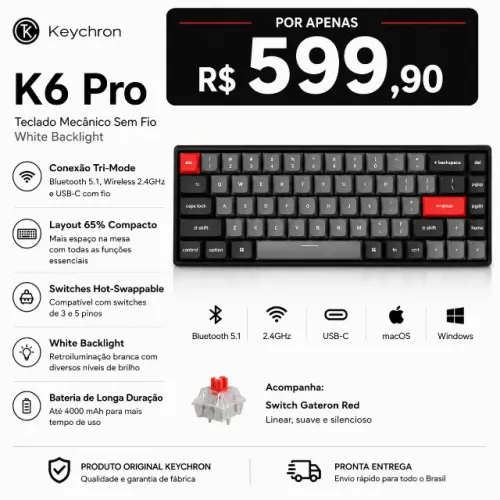 Teclado Keychron K6 Pro Wireless Mecânico White Backlight Semi Novo