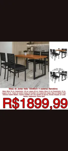 Mesa de Jantar Itália 120x80 Tampo de Madeira Maciça e 4 Cadeiras