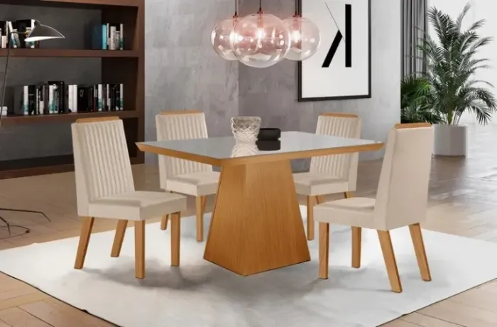 MESA PRADA 120X80 4 CADEIRAS RIVIERA ABP SUEDY CREME TEC 164 CASTANHO/CINAMOMO VIDRO OFF/