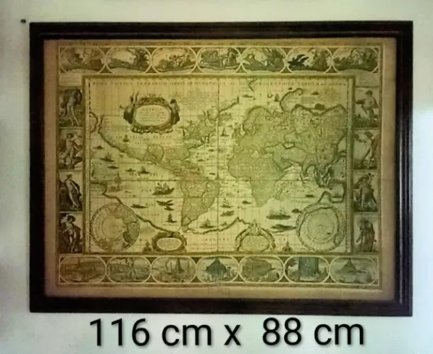 ANTIGO QUADRO COM MAPA NOVA TERRARUM ORBIS GEOGRAPHICA TABULA- MEDIDAS 116 X 88 CM 