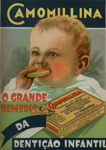 Cartaz vintage propanganda antiga produto camomillina farmaceutico 