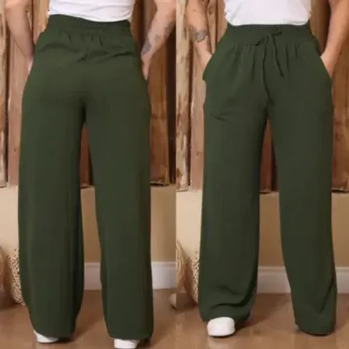 Calça Pantalona Feminina Cintura Alta Com Bolso Duna Verde Militar