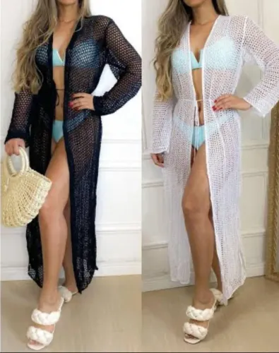 Saída de praia de crochê - Preto e Branco