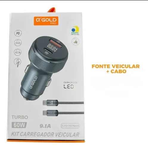 Carregador Veicular Turbo 60W + Cabo Tipo-C 60W - ?'GOLD