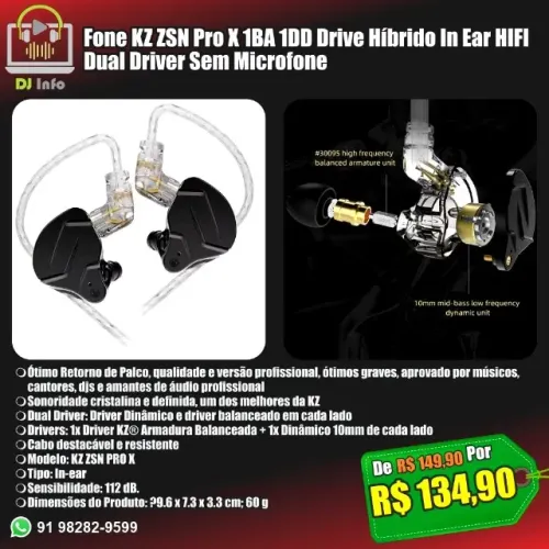 Fone KZ ZSN Pro X 1BA 1DD Drive Híbrido In Ear HIFI Dual Driver Sem Microfone