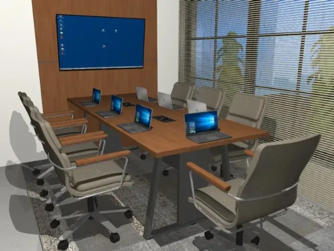 Mesa de Reunião Trapeze Wood. Com Painel e Cxs. de Tomadas. L270cm x P120cm x A74c