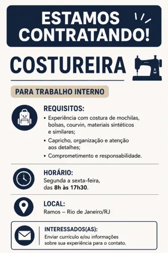 Vaga para Costureira - Trabalho Interno - Ramos