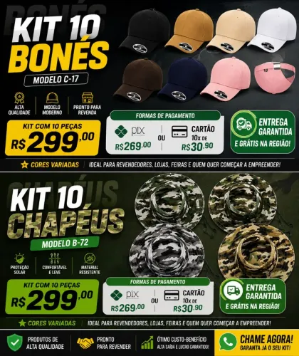 Kit 10 bonés ou chapéu novos