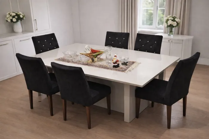 Mesa de Jantar em Laca com 6 Cadeiras Aveludadas Conjunto Sofisticado e de Alta Qualidade