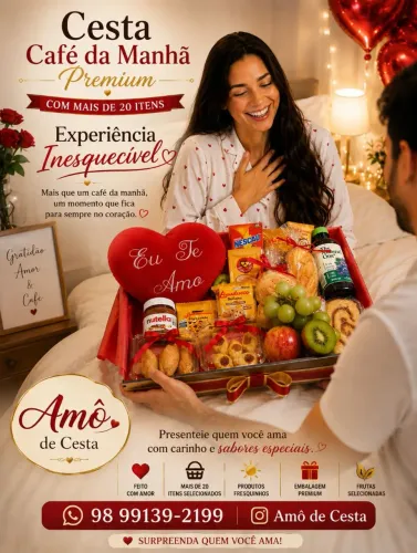 Cesta Café da Manhã Luxo Mais de 24 Itens e Um Coração de Pelúcia.