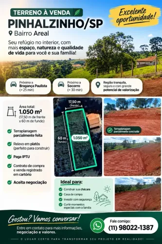 Terreno 1.050 m² em Pinhalzinho/SP | Terraplanagem | Excelente Localização