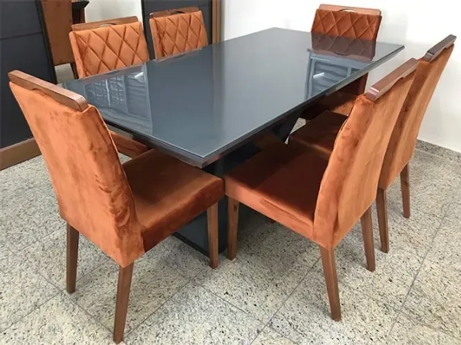 Mesa de Jantar com Tampo de Vidro + 8 Cadeiras na cor Marrom Canela