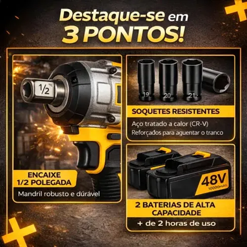 Chave de Impacto Profissional 48V,Alto Torque400N.M - Design Ergonômico, Bateria Lítio, Mo