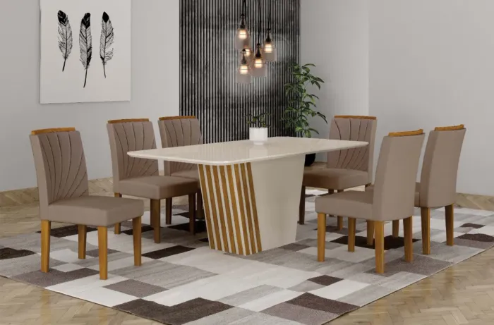 Mesa de Jantar Liz Leifer 6 Cadeiras, com tampo em MDF + Vidro - Entrega Imediata!