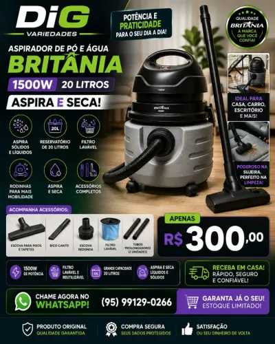 PROMOÇÃO Aspirador de Pó e Líquidos Britânia 1500w, 20 litros, Função de Aspirar e Soprar