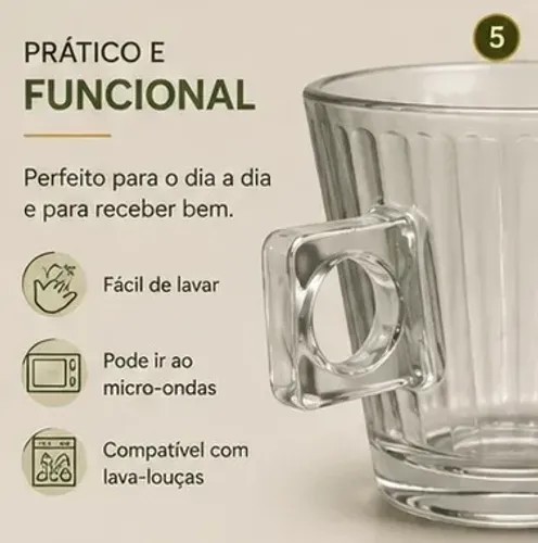 Jogo de Xícaras para Café 5 Peças 80ml de Vidro Cristalino Lima Lines