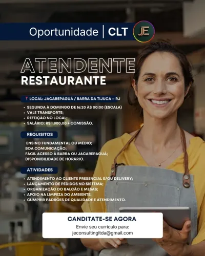 ATENDENTE DE RESTAURANTE - BARRA E FREGUESIA