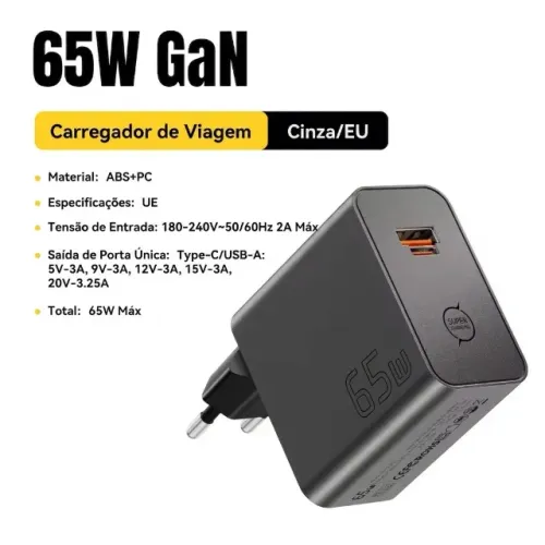Carregador Essager GaN 65W, Tipo C/USB, PD3.0, QC4.0, PPS, 12x 12,27