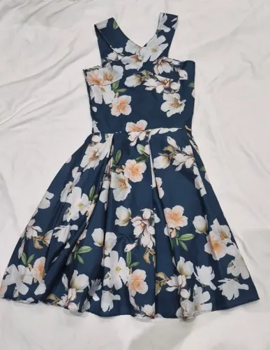 Vestido de Festa Azul Petroleo Florido , TAM:10