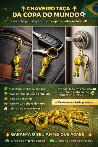 Chaveiro Taça Copa do Mundo 5cm - Mini Troféu Dourado Futebol