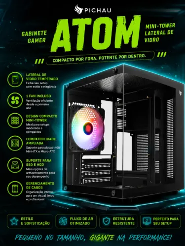 Gabinete Gamer Pichau Atom Mini-Tower Lateral de Vidro Com 1 Fan Preto (NOVO/LACRADO!)